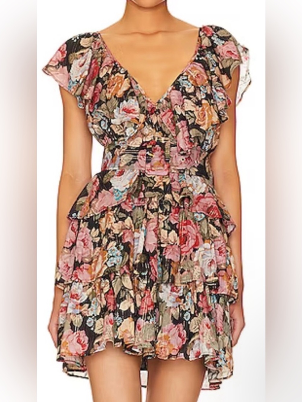 byTiMo Metallic Floral Ruffle Belted Mini Dress Rose Garden S Boho Romantic